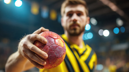 Athlete focuses on the ball, ready to make a strategic throw as teammates and opponents await in a lively indoor sports environment.の素材