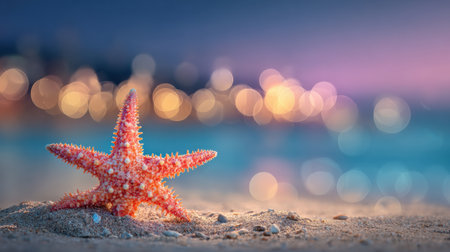 A bright starfish lies on the sand beside gentle waves at dusk, with soft, shimmering lights from nearby locations creating a magical atmosphere.の素材