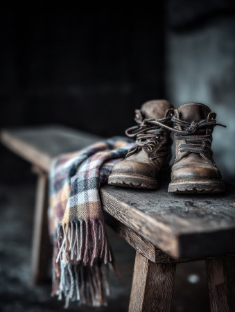 Brown hiking boots sit on a rugged wooden bench with a plaid scarf casually hanging next to them, creating a warm, rustic atmosphere in low light.の素材