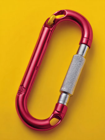 A red aluminum carabiner is displayed on a bright yellow backdrop, showing its sturdy design and screw-lock mechanism, ideal for climbing and outdoor use.の素材