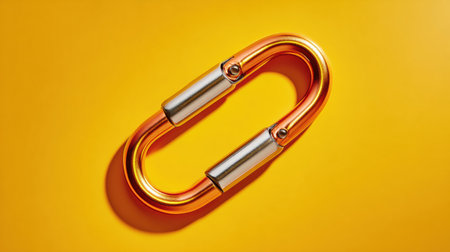 A bright orange carabiner lays flat against a vibrant yellow background, emphasizing its design and practical use in various outdoor adventures and climbing.の素材