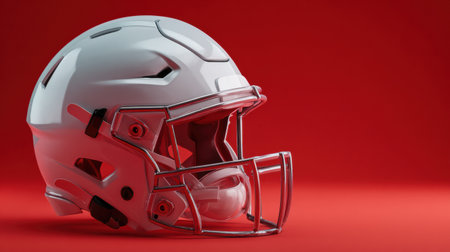 A sleek white football helmet showcases cutting-edge design features on a vibrant red background, emphasizing its role in sports safety and performance.の素材