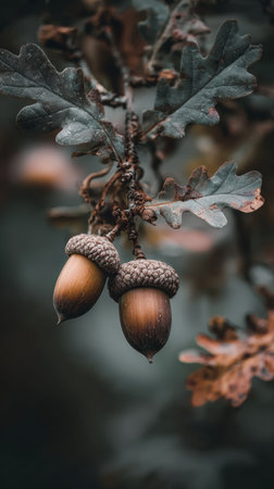 Two acorns dangle from a branch, nestled among autumn leaves, showing the beauty of nature in a serene forest environment.の素材