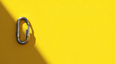 A silver carabiner clip rests on a vibrant yellow surface, with strong light creating a shadow that adds depth and interest to the composition.の素材