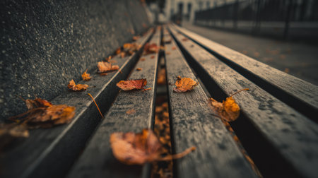 Bright orange and yellow leaves rest between the slats of a wooden bench in a serene park, capturing the essence of a rainy autumn day.の素材