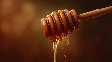 Golden honey flows from a wooden dipper, highlighting the luscious texture and sweetness, set against a dark, warm background.の素材