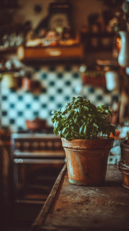 Basil plant sits in a clay pot on a wooden table, surrounded by a cozy kitchen with patterned tiles and soft warm lighting in the late afternoon.の素材