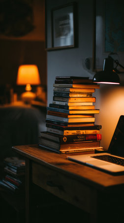 A well-lit workspace features a tall stack of books beside an open laptop, creating a warm and inviting atmosphere, perfect for evening reading or studying.の素材