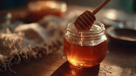 Golden honey flows from a wooden dipper into a glass jar, highlighting the warm afternoon light and rustic atmosphere of the settingの素材
