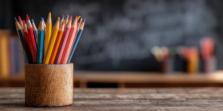 A collection of vibrant colored pencils sits neatly in a wooden holder atop a rustic tabletop, with an educational backdrop featuring a blackboard.の素材