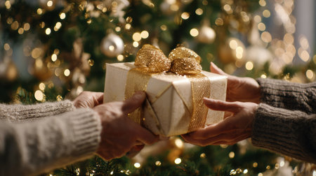 Two hands are exchanging a beautifully wrapped gift adorned with a golden bow, surrounded by a sparkling Christmas tree and festive decorations.の素材
