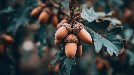 A close-up view of several acorns grouped together on an oak tree branch, surrounded by green and brown leaves in a serene outdoor environment.の素材