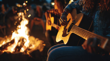 Friends gather around a campfire, strumming acoustic guitars and enjoying music together during a warm summer evening under the stars.の素材