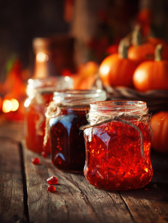 Three jars filled with colorful preserves sit on a rustic wooden table, surrounded by pumpkins and warm autumn light, creating a cozy seasonal atmosphere.の素材