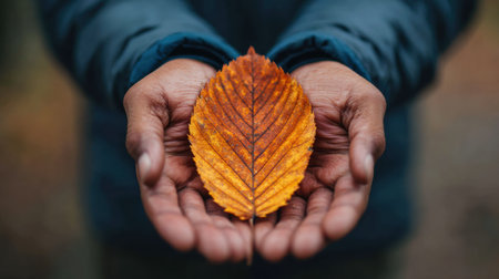 Two hands cradle a bright orange leaf, showing natures beauty in a peaceful forest setting during autumns golden hour.の素材
