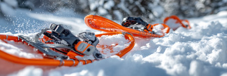 Brightly colored snowshoes lie on an untouched layer of snow under a clear blue sky, creating a peaceful and beautiful winter atmosphere.の素材