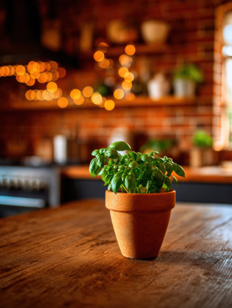 A small basil plant sits in a terracotta pot on a wooden table, illuminated by soft warm lights in a kitchen filled with cozy decor during the evening hours.の素材