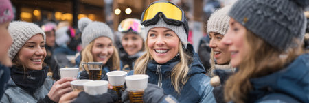 A group of friends enjoys warm beverages while smiling and chatting in a snowy resort. The bright atmosphere showcases their camaraderie.の素材