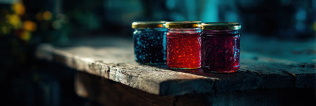 Three jars of jelly in vibrant colors sit on a wooden table, illuminated by soft evening light, creating a warm and inviting atmosphere.の素材