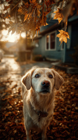 A golden retriever curiously gazes at falling leaves during sunset in a tranquil neighborhood filled with autumn colors.の素材