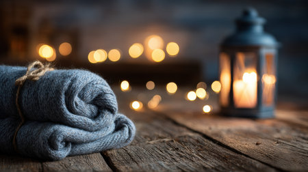 Soft wool blanket is rolled and placed next to a warm lantern, creating a cozy atmosphere with shimmering lights in the background at night.の素材