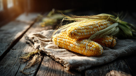 Golden corn cobs with fresh husks lie on a weathered wooden table, bathed in warm morning light that highlights their vibrant colors and textures.の素材
