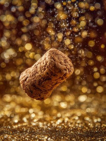 A delicious chocolate treat hovers in mid-air, enveloped in shimmering golden particles, creating a magical and indulgent atmosphere.の素材