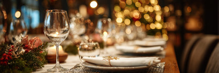 A meticulously arranged dinner table features fine glassware and festive decor, complemented by a twinkling Christmas tree illuminating the atmosphere.の素材