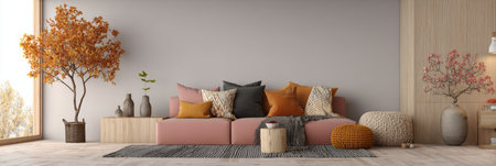 Bright living room showcases a stylish sofa adorned with colorful pillows, surrounded by decorative plants and warm autumn accents, creating a cozy atmosphere.の素材
