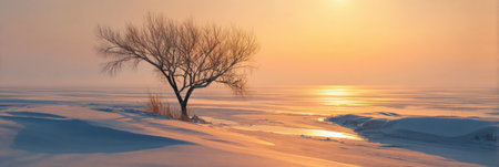 Frosty terrain glows under the early morning light as a single tree stands next to a frozen lake, creating a tranquil winter setting at dawn.の素材