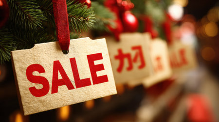 Bright sale tags in bold red letters dangle from a lush Christmas tree branch adorned with vibrant ornaments, creating a joyful shopping atmosphereの素材