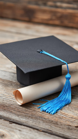 A graduation cap sits alongside a rolled diploma on a rustic wooden surface, symbolizing academic success and the culmination of years of hard work.の素材