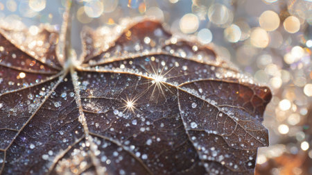 Dewdrops glisten on a dark brown autumn leaf, illuminated by the morning sun, creating a serene and beautiful atmosphere in the forest.の素材