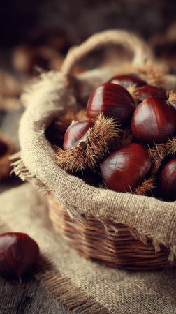 A wicker basket filled with shiny chestnuts sits on a wooden table, evoking the warmth of autumn with scattered foliage nearby.の素材