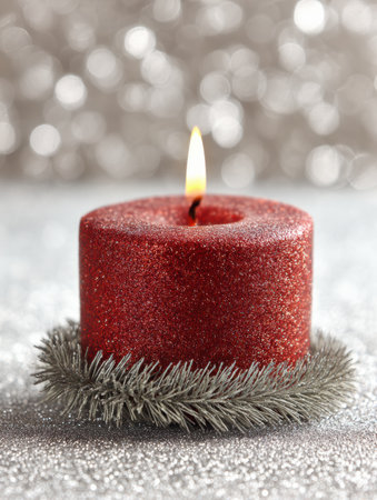 A lit red glitter candle surrounded by a silver trim glows softly, creating a warm and inviting atmosphere perfect for holiday gatherings and celebrations.の素材