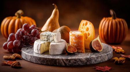 An enticing assortment of cheeses including blue cheese and cheddar is arranged on a marble platter surrounded by grapes, pears, figs, and seasonal pumpkins.の素材