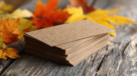 Stack of textured crafting materials placed on a rustic wooden surface, surrounded by vibrant autumn leaves, capturing the essence of fall creativity.の素材