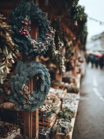 Colorful holiday wreaths adorn wooden stands at a vibrant market, with shoppers enjoying the festive atmosphere on a winter day.の素材