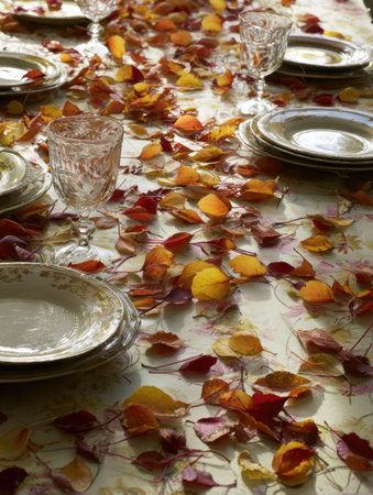 A table is elegantly set with fine plates and crystal glassware, decorated with colorful autumn leaves, creating a warm atmosphere for a gathering.の素材