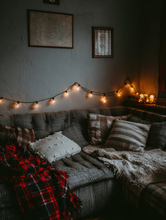A soft couch adorned with pillows and blankets creates a warm atmosphere, complemented by string lights illuminating the rustic decor in the early evening.の素材