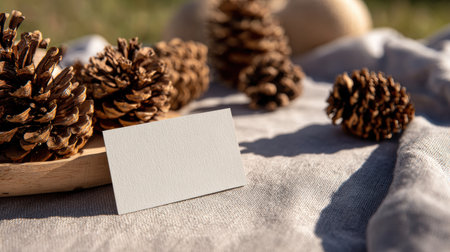 Pine cones are arranged on a soft fabric beside a blank card resting on a wooden tray, set outdoors on a sunny day, evoking a calm atmosphere.の素材