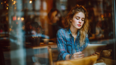 Soft sunlight fills a cozy cafe where a young woman in a plaid shirt enjoys reading a book while sipping a drink, creating a serene atmosphere.の素材