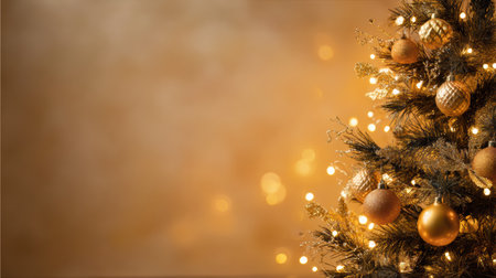 Decorative Christmas tree adorned with gold ornaments and warm lights sets a cozy holiday mood in a softly illuminated setting.の素材
