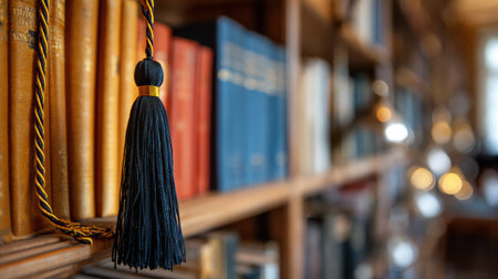 Golden tassel dangles from a string in front of a wooden bookshelf lined with colorful leather-bound books, creating a warm ambiance in the library.の素材