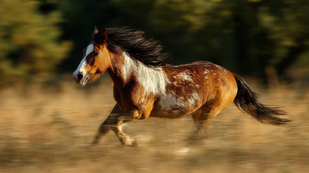 A horse with a striking coat runs swiftly through a sunlit field, mane flowing in the breeze against a backdrop of trees, showing its agility and spirit.の素材