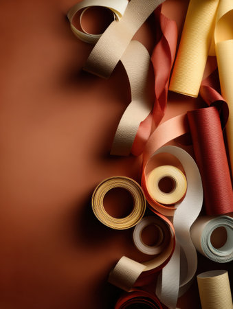 Various rolls of ribbon and tape in vibrant colors lie arranged on a warm, earthy background, perfect for artistic endeavors or DIY crafts.の素材