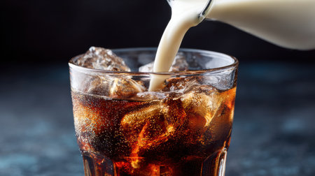 Cream is being poured into a glass filled with cola and ice, creating a creamy and fizzy beverage that offers a refreshing taste.の素材