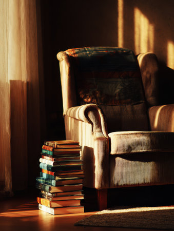 Sunlight streams through sheer curtains onto a cozy armchair beside a stack of books, creating a serene atmosphere.の素材