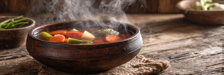Colorful vegetables, including carrots and green beans, simmer in a clay bowl, creating steam in a cozy kitchen setting during fall.の素材
