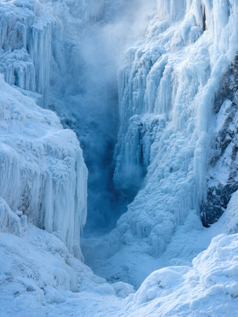 A stunning canyon with frozen waterfalls and glistening ice formations, all framed by majestic cliffs in a magical winter setting.の素材